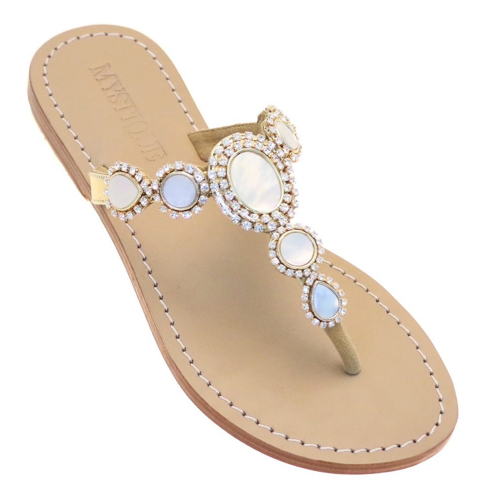 Mystique Boutique HAVANA Pearl Tone & Rhinestone Embellished Leather Sandals